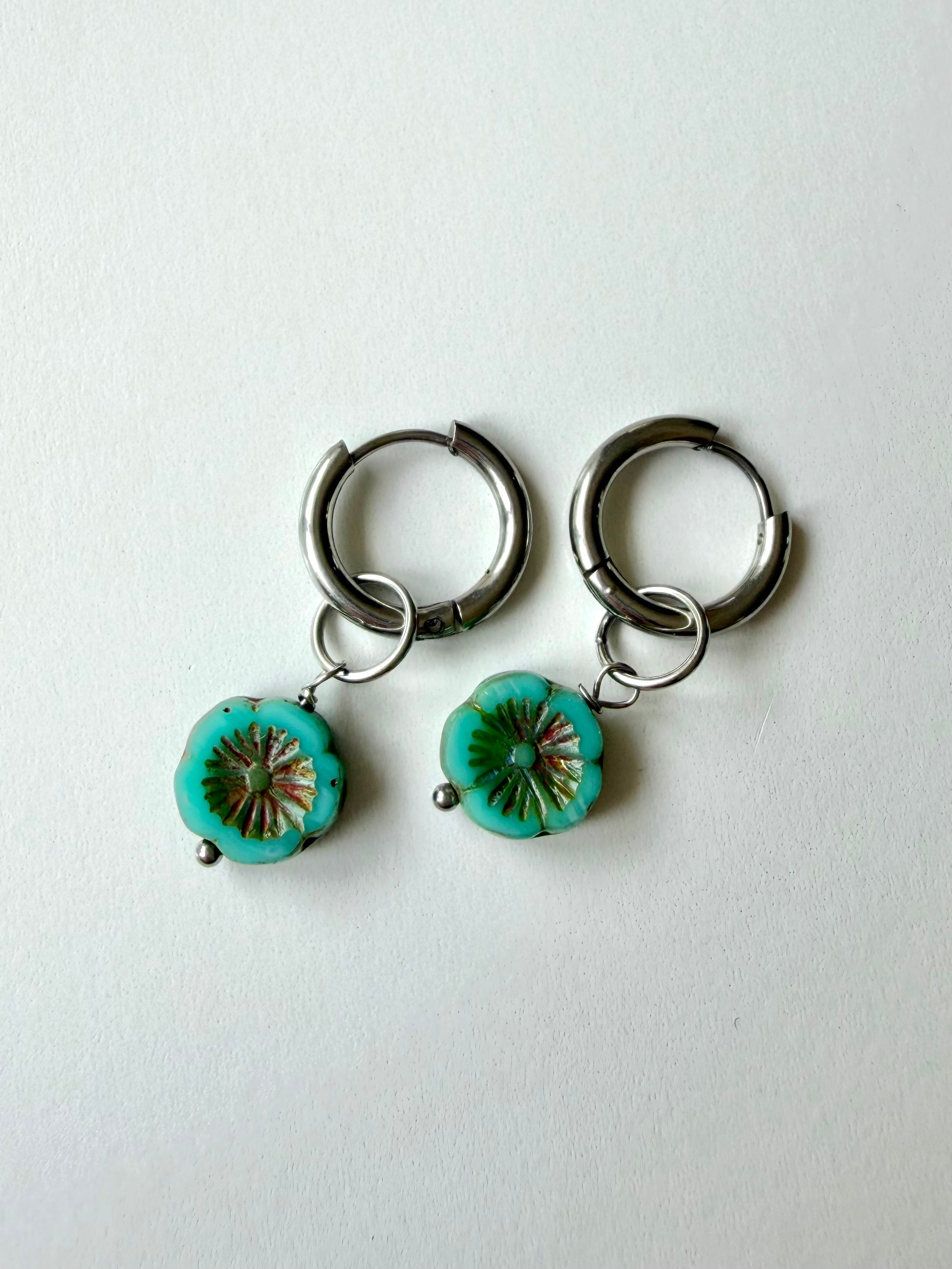 Aqua Flower Huggie Earrings