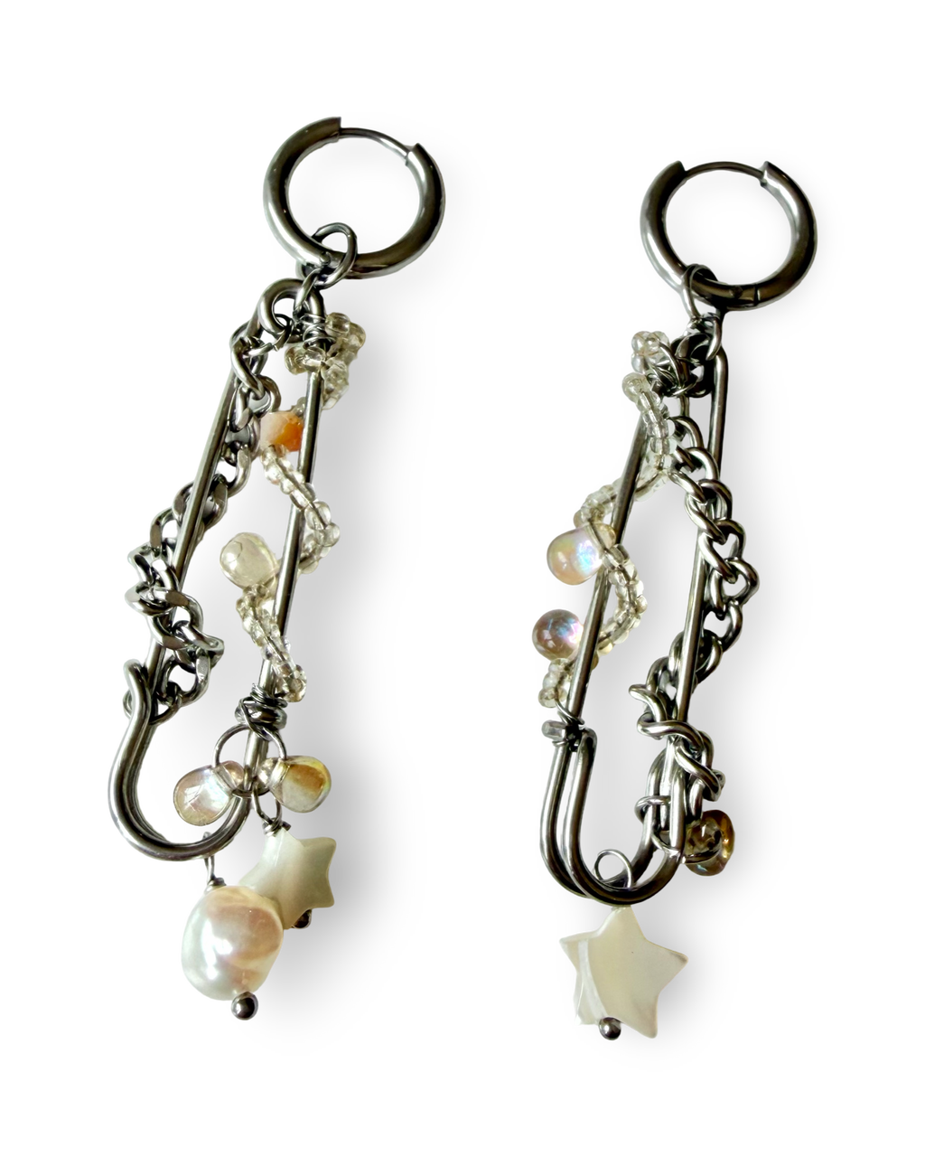 Safety Pin Pearl Huggie Earrings