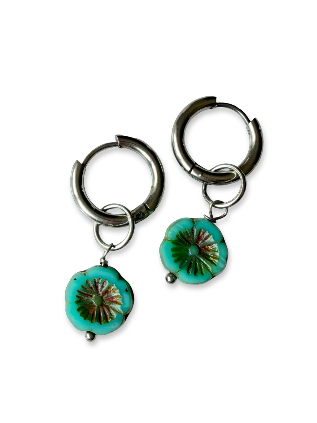 Aqua Flower Huggie Earrings
