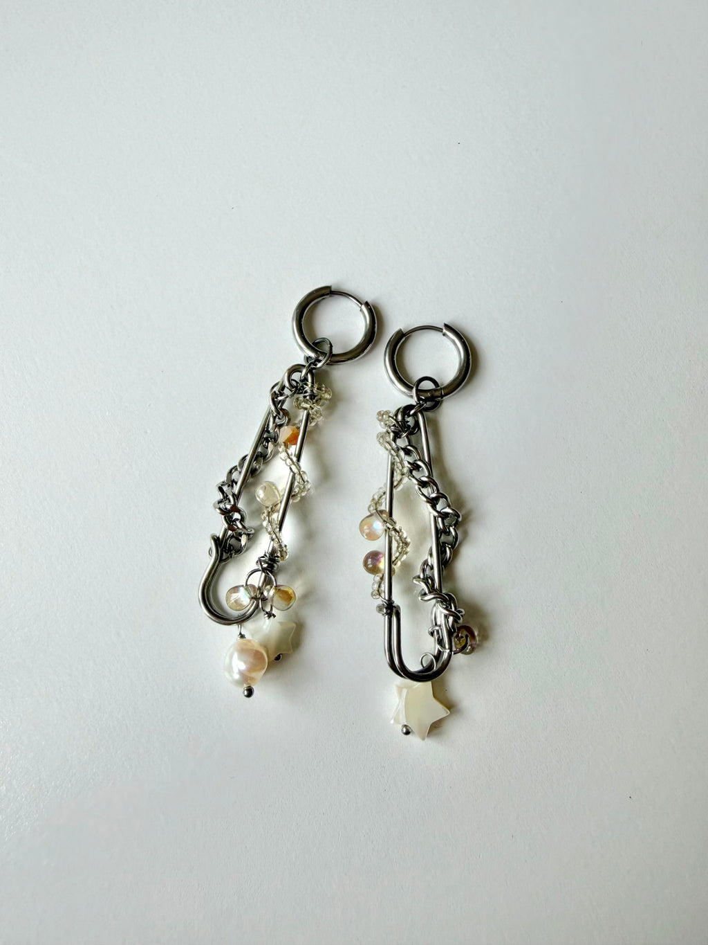 Safety Pin Pearl Huggie Earrings